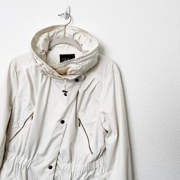 [Cole Haan] Cream Long Sleeve Utility Pocket Raincoat Packable Hood Size Large L - Picture 5 of 12